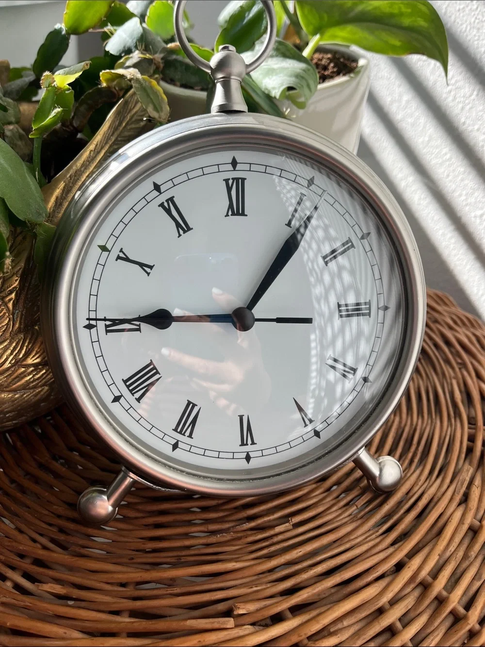 Pottery Barn Classic Round Silver Table Clock with Roman Numerals - Silver